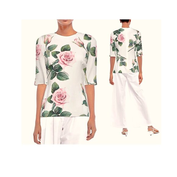 DOLCE & GABBANA Rose Print Stretch-Silk-Blend-Charmeuse Top US XXL = IT 54 $1545 - Picture 4 of 16